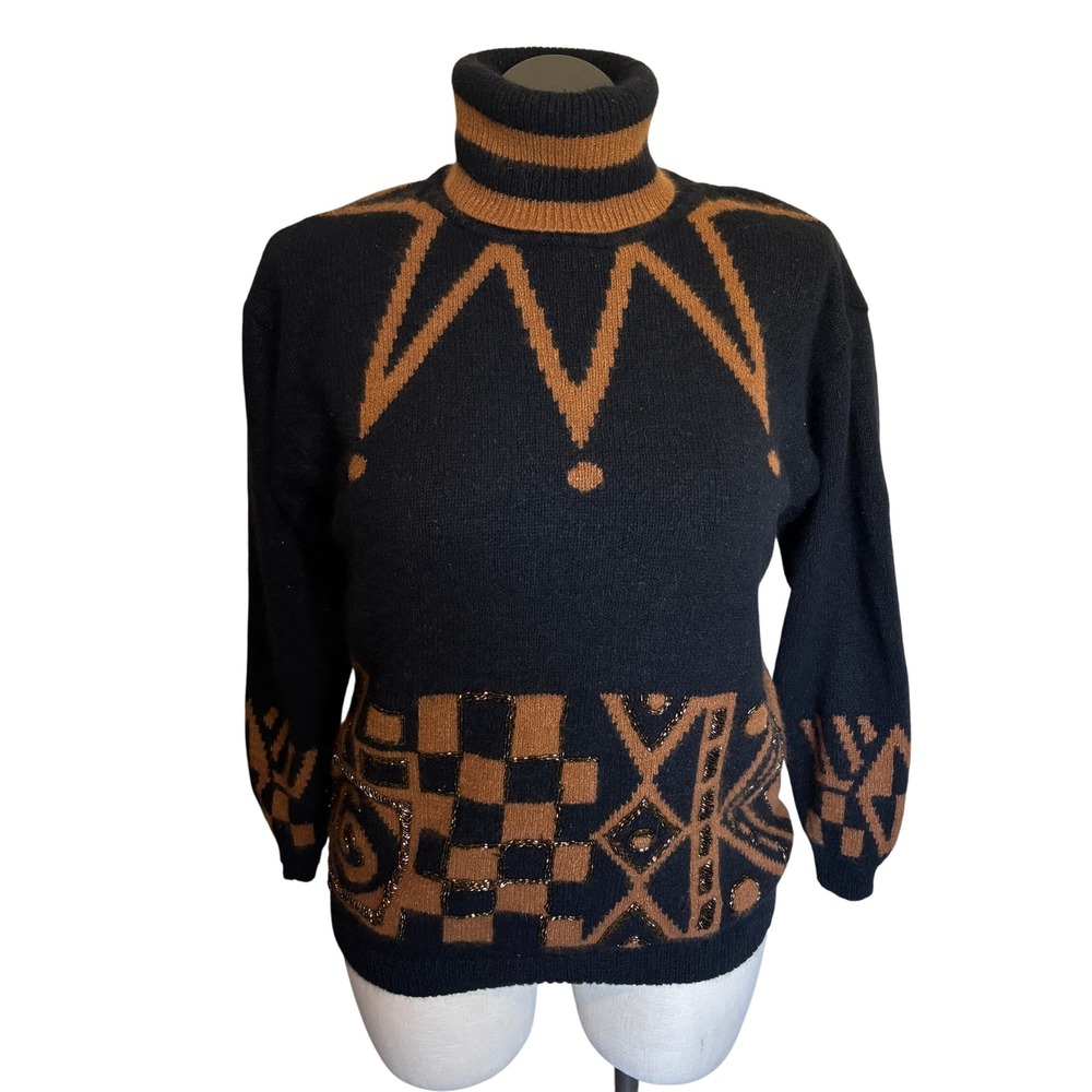 Vtg IB‎ Diffusion Black Brown Geometric Beaded Turtleneck Sweater Size L G